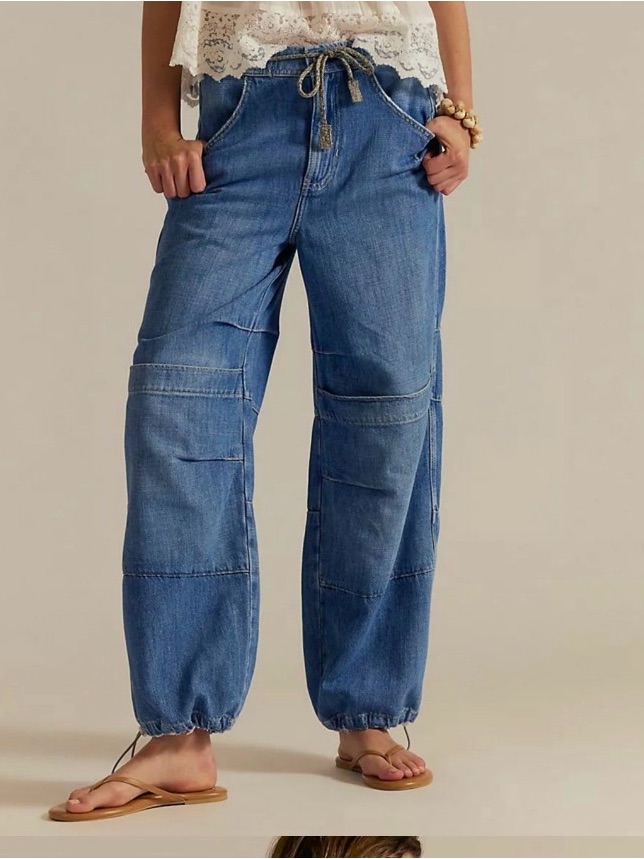 Free People Washed Blue Logan Cinched Drawstring Jeans